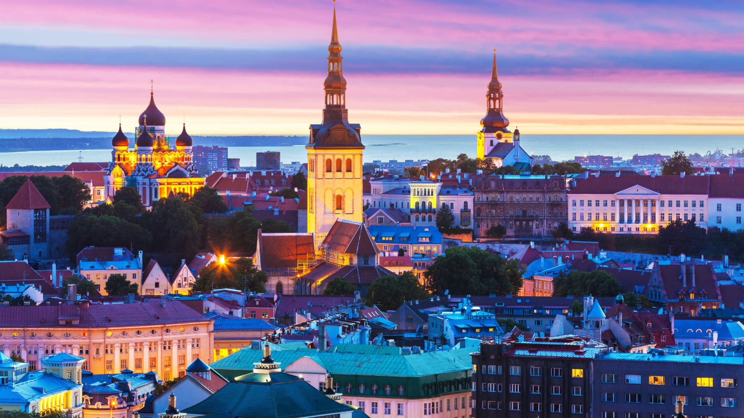 Tallinn's Old Town skyline and spires at dusk